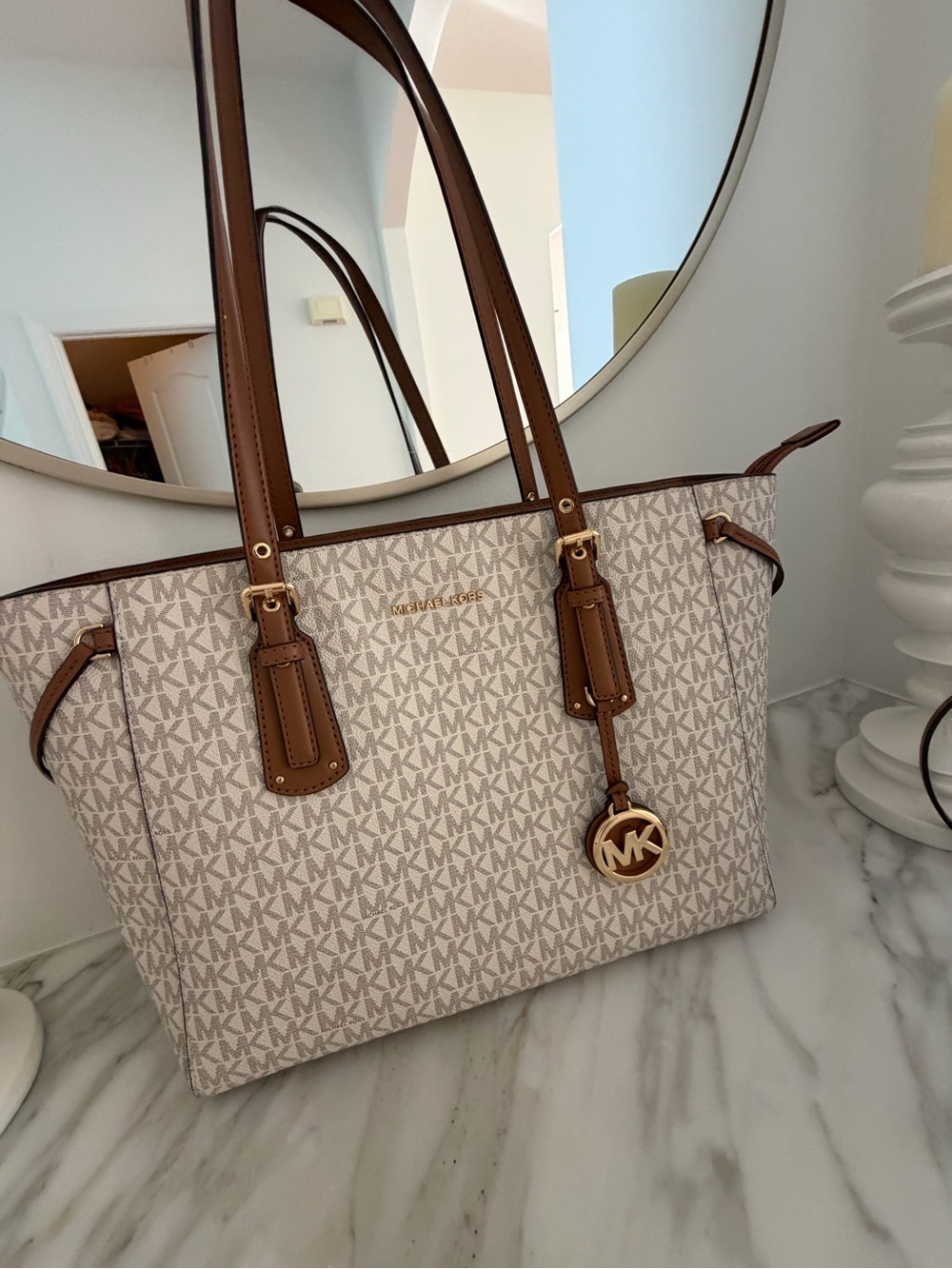 Michael Kors Cream and Brown MK Signature Shoulder Tote